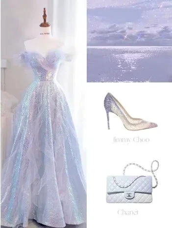 Purple Off Shoulder Sequin Tulle Long Prom Dress Purple Formal Evening Dresses Y4659
