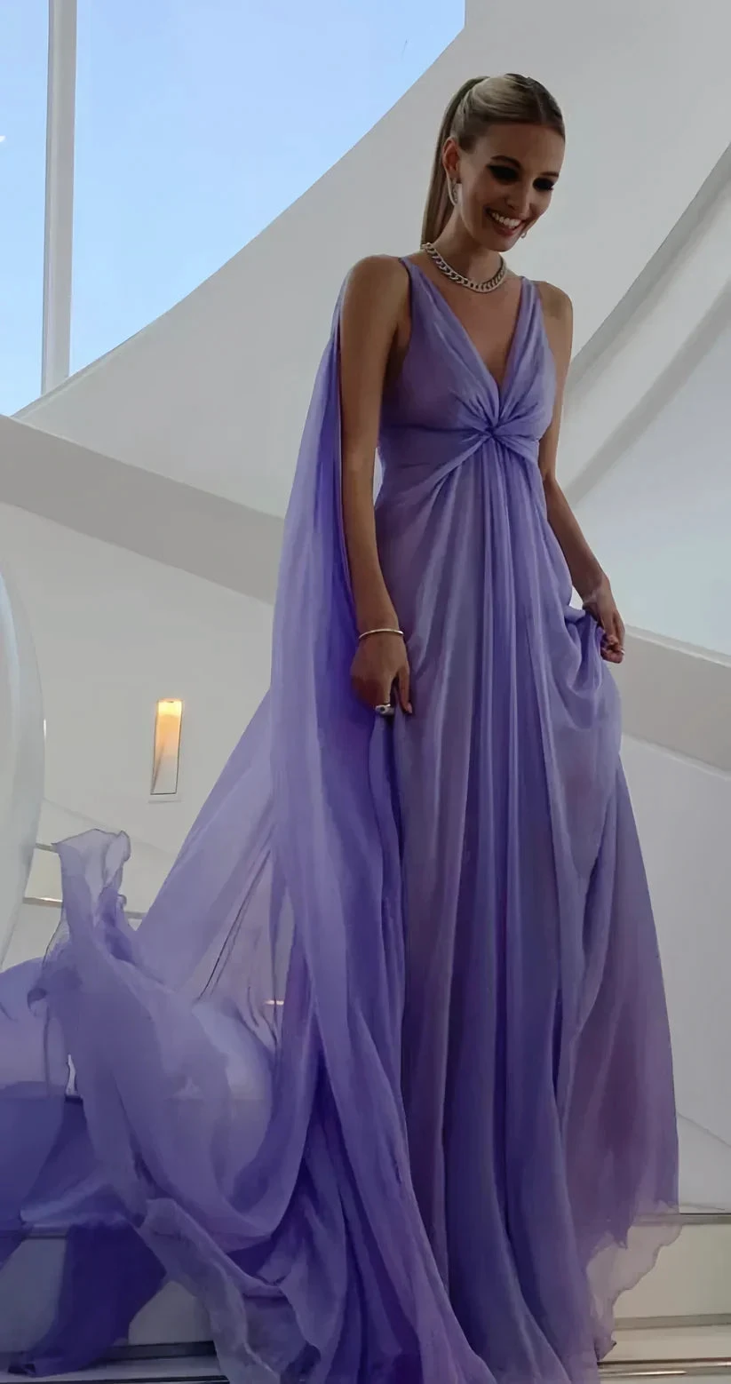 Simple Purple V Neck Tulle Prom Dress Long Evening Gown Y7774