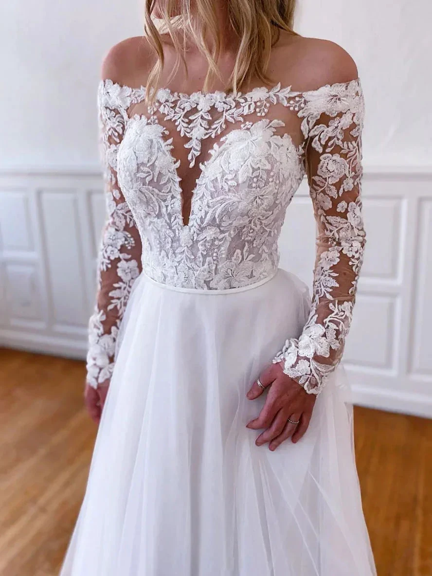 White lace tulle long prom dress, white lace tulle evening dress Y251