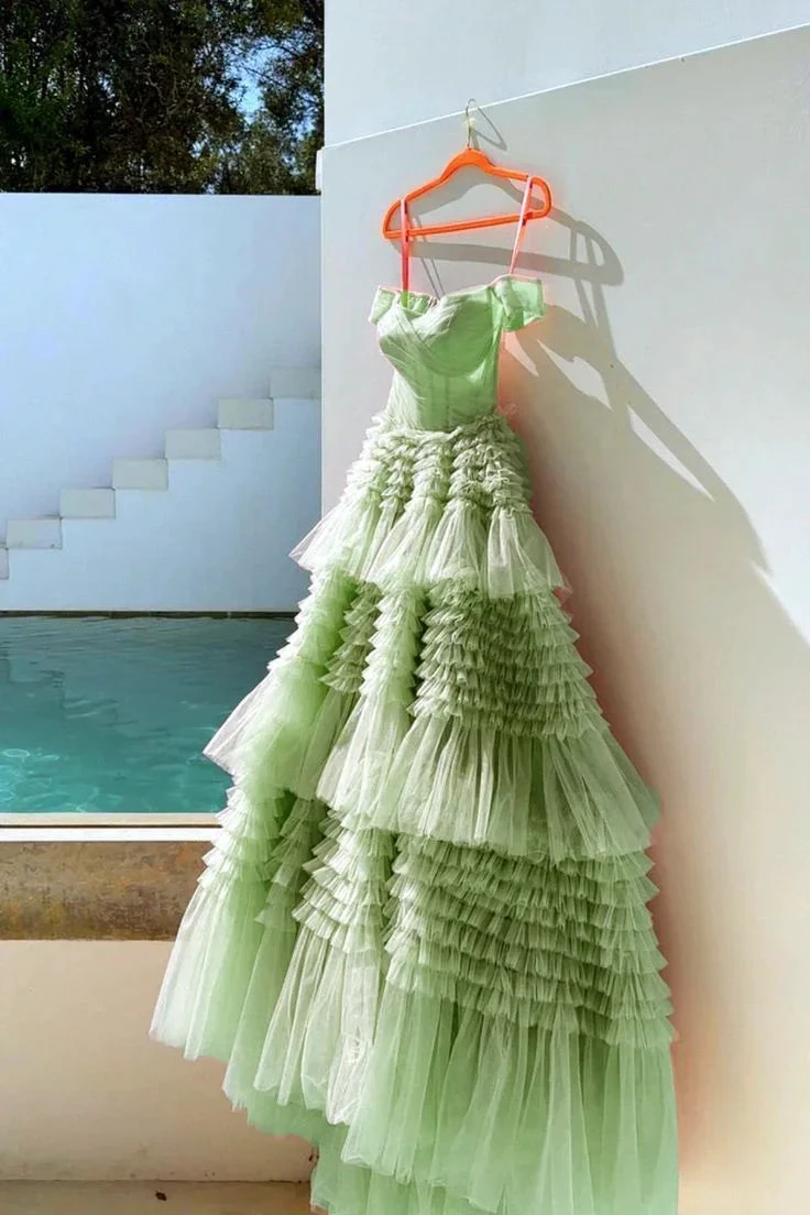 Unique Sage Green Tiered Tulle Ball Gown Dress For Prom  Y4500