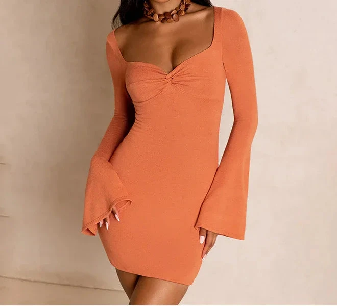 Autumn women's fashion trumpet sleeve square collar sexy low-cut body-fitting women's homecoming dress Y2967
