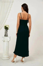 Numbersea Spaghetti Chiffon V Neck Bridesmaid Dress Mid-Length Slit Formal Prom Dress Homecoming Dress 2803