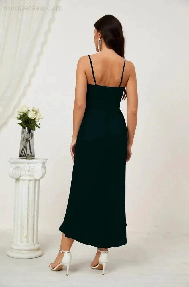 Numbersea Spaghetti Chiffon V Neck Bridesmaid Dress Mid-Length Slit Formal Prom Dress Homecoming Dress 2803