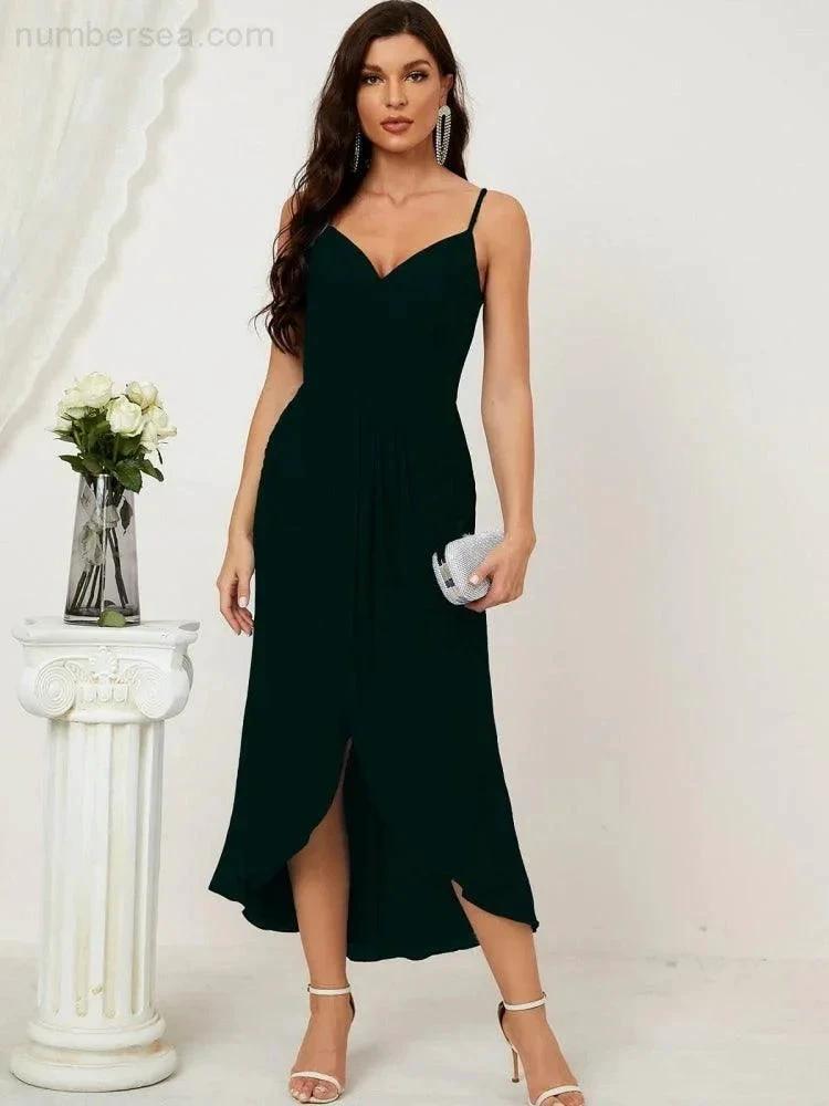 Numbersea Spaghetti Chiffon V Neck Bridesmaid Dress Mid-Length Slit Formal Prom Dress Homecoming Dress 2803