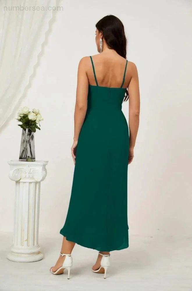 Numbersea Spaghetti Chiffon V Neck Bridesmaid Dress Mid-Length Slit Formal Prom Dress Homecoming Dress 2803