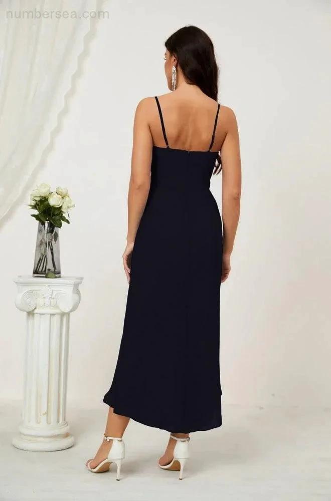 Numbersea Spaghetti Chiffon V Neck Bridesmaid Dress Mid-Length Slit Formal Prom Dress Homecoming Dress 2803