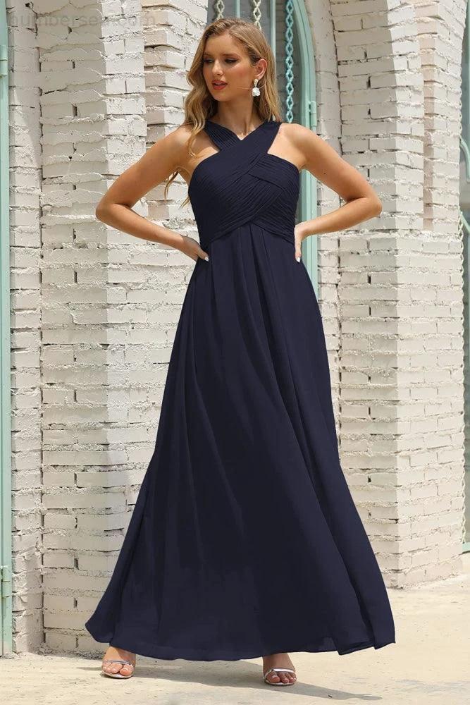 Numbersea Women Halter Chiffon Bridesmaid Dress A-line Long Formal Prom Gown SEA28015