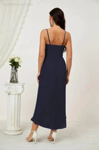 Numbersea Spaghetti Chiffon V Neck Bridesmaid Dress Mid-Length Slit Formal Prom Dress Homecoming Dress 2803