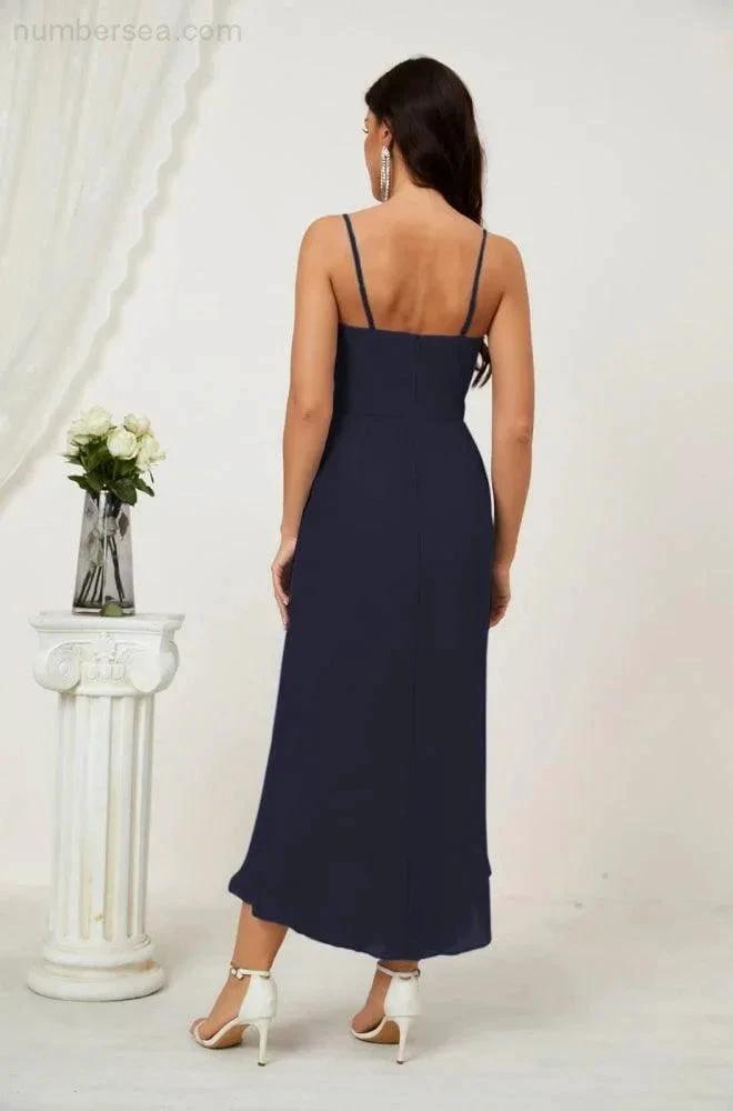 Numbersea Spaghetti Chiffon V Neck Bridesmaid Dress Mid-Length Slit Formal Prom Dress Homecoming Dress 2803