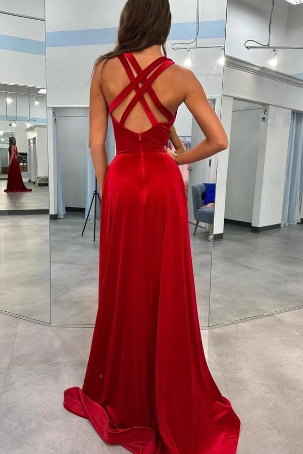 Dark Red Velvet Prom Gown V Neck Straps Prom Dress With Split PSK545