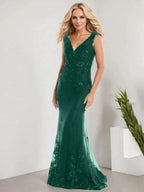 A-line V-Neck Floor-Length Lace Chiffon Mother of the Bride Dress With Applique Sequins Mermaid Dresses