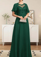 A-line Scoop Illusion Floor-Length Lace Chiffon Mother of the Bride Dress With Sequins