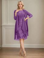 Sheath/Column Scoop Illusion Knee-Length Lace Chiffon Mother of the Bride Dress With Cascading Ruffles Sequins