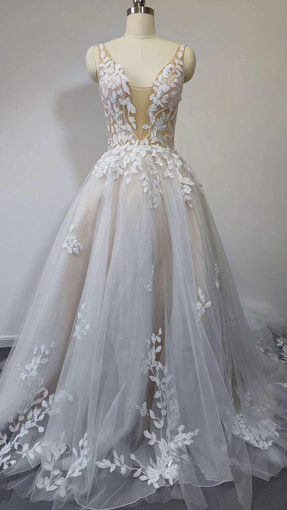Deep V Neck Lace Wedding Dresses Romantic Bridal Gown With Train  WD593