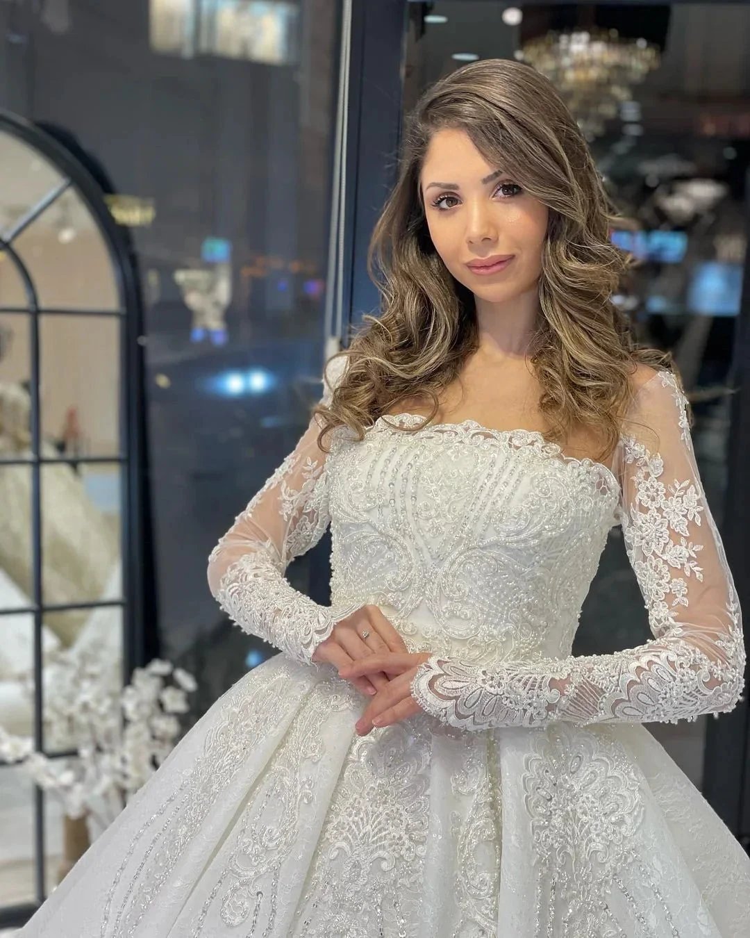 Deluxe Floor Length Long Sleeves A-Line Lace Wedding Dress with Ruffles