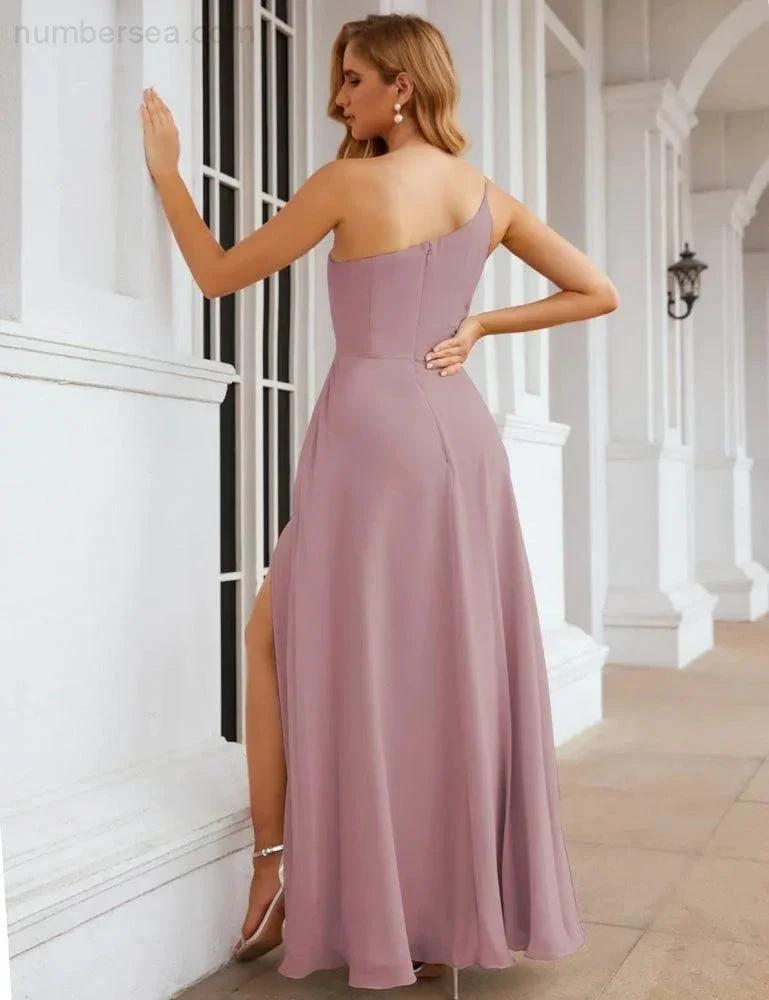Numbersea One Shoulder Chiffon Bridesmaid Dresses Long Formal Homecoming Prom Gowns for Women Party Wedding Evening SEA28052