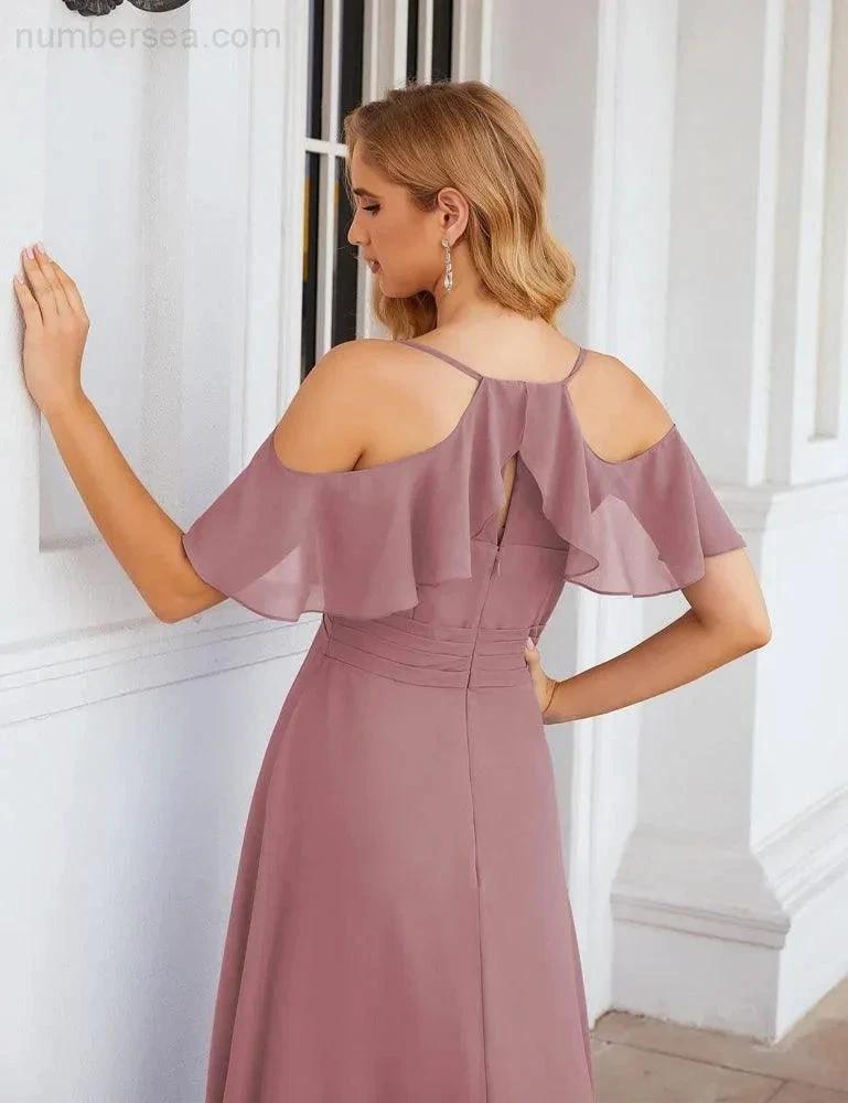 Numbersea Chiffon Cold Shoulder Long Bridesmaid Dresses Plus Size Formal Prom Gowns for Women Party Wedding  SEA28070