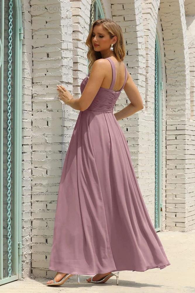 Numbersea Women Halter Chiffon Bridesmaid Dress A-line Long Formal Prom Gown SEA28015