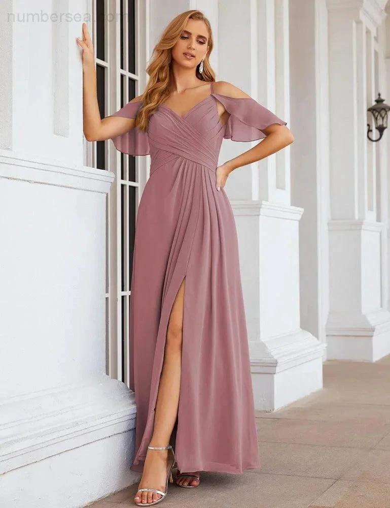 Numbersea Chiffon Cold Shoulder Long Bridesmaid Dresses Plus Size Formal Prom Gowns for Women Party Wedding  SEA28070