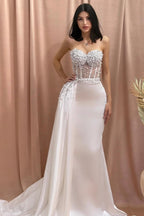 Designer Column Sweetheart Sleeveless Beading Tulle Satin Wedding Dress