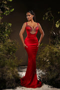 Designer Mermaid Satin Off-The-Shoulder Sleeveless Red Prom Dress With Rhinestone