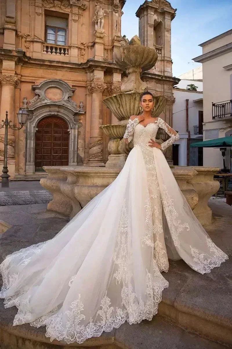 Detachable Train Mermaid Long Sleeves Wedding Dresses Lace Robe De Mariée Vestido De Noiva