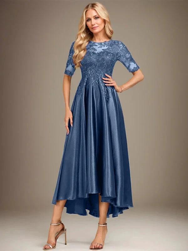 A-line Scoop Illusion Asymmetrical Stretch Satin Lace Mother of the Bride Dress With Sequins