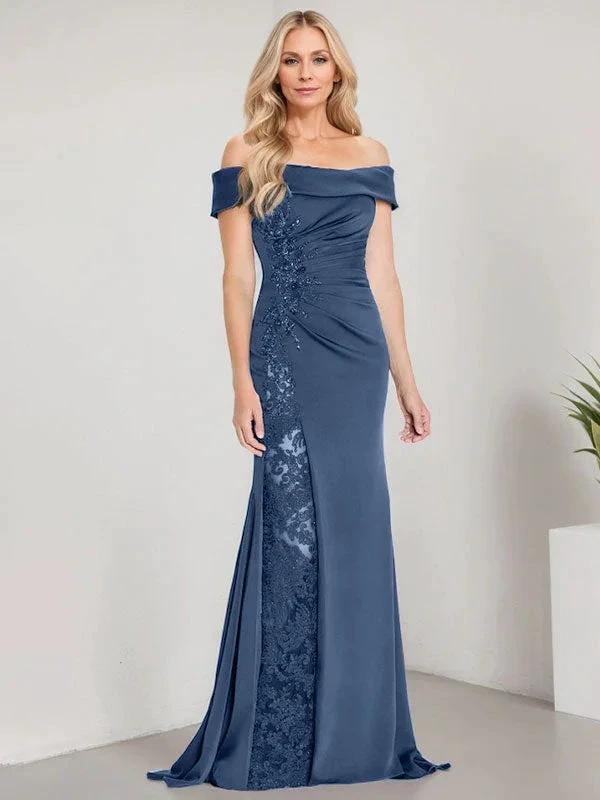 A-Line Off the Shoulder Floor-Length Mother of the Bride Dress Applique Beadings Mermaid Dress With  High Split