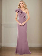A-line One Shoulder Floor-Length Chiffon Mother of the Bride Dress With Ruffles