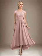 A-line Scoop Illusion Asymmetrical Lace Chiffon Mother of the Bride Dress With Pleated