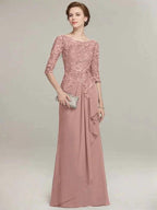 A-line Scoop Illusion Floor-Length Lace Chiffon Mother of the Bride Dress With Cascading Ruffles