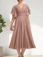 A-line V-Neck Tea-Length Chiffon Mother of the Bride Dress With Pleated Beading