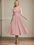A-line V-Neck Tea-Length Lace Chiffon Mother of the Bride Dress With Sequins