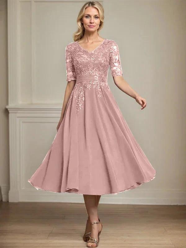 A-line V-Neck Tea-Length Lace Chiffon Mother of the Bride Dress With Sequins
