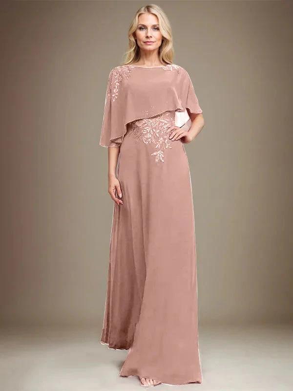 A-line Scoop Floor-Length Chiffon Lace Mother of the Bride Dress With Sequins Beading