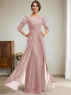A-Line Scoop Illusion Floor-Length Lace Chiffon Mother Of the Bride Dress With Beading Ruffles
