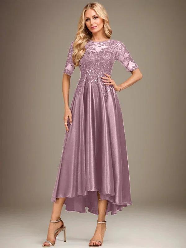A-line Scoop Illusion Asymmetrical Stretch Satin Lace Mother of the Bride Dress With Sequins