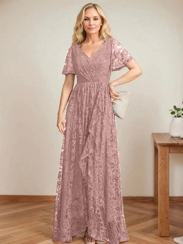A-Line V-Neck Asymmetrical Lace Mother of the Bride Dress With Cascading Ruffles