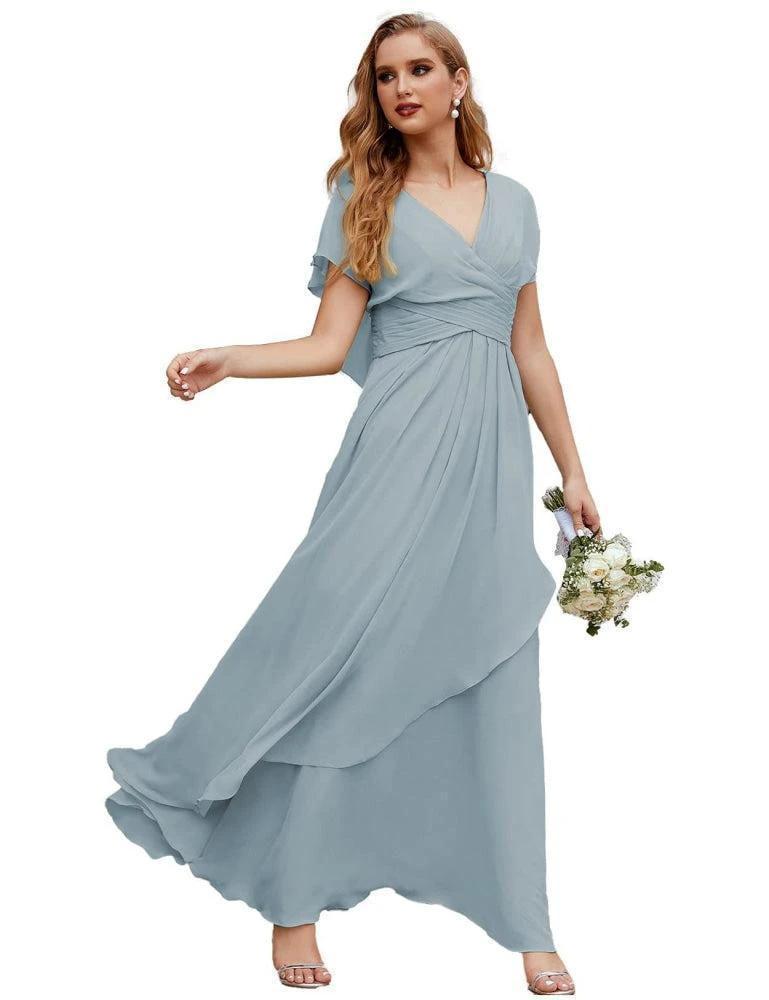 Numbersea Chiffon Bridesmaid Dresses Long Formal Evening Prom Mother of The Bride Dress with Flutter Sleeve     SEA28040