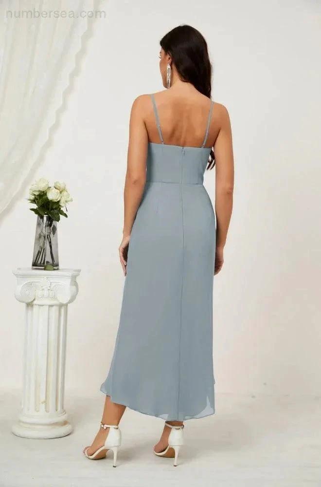 Numbersea Spaghetti Chiffon V Neck Bridesmaid Dress Mid-Length Slit Formal Prom Dress Homecoming Dress 2803