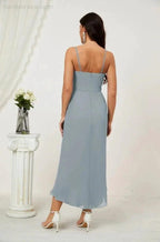 Numbersea Spaghetti Chiffon V Neck Bridesmaid Dress Mid-Length Slit Formal Prom Dress Homecoming Dress 2803