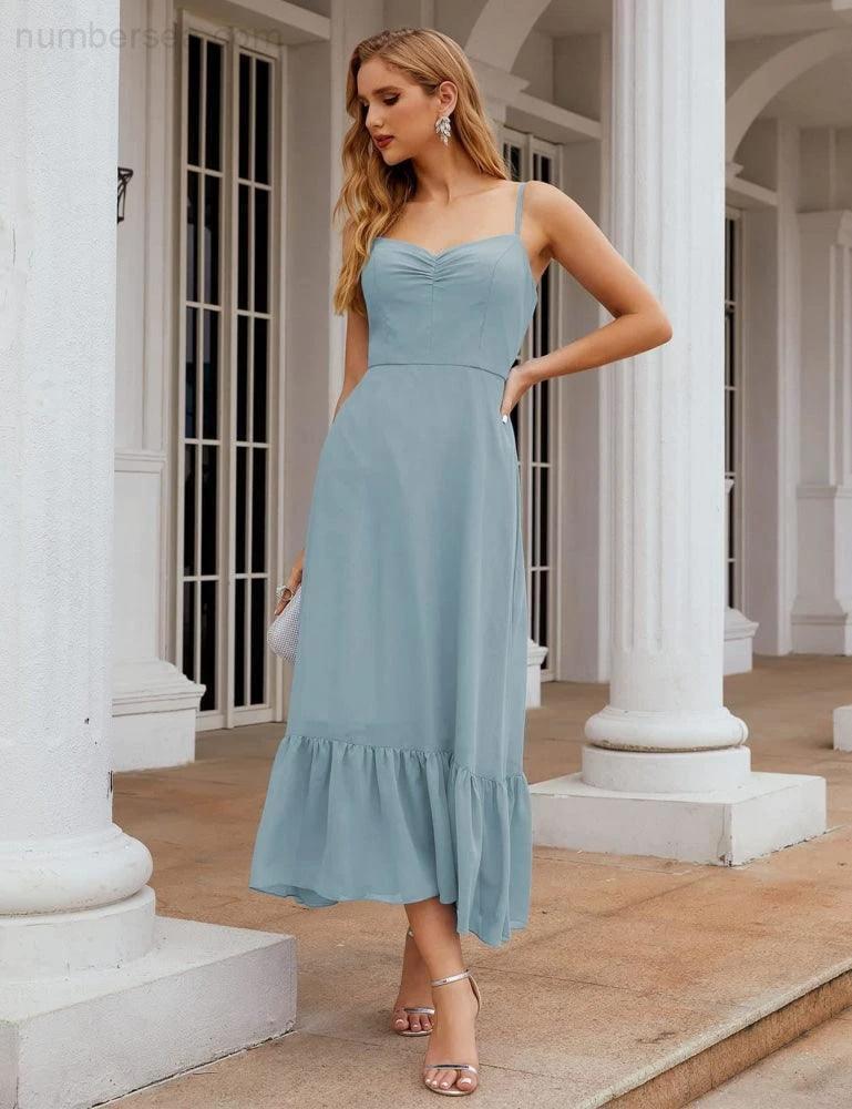 Numbersea  Spaghetti Strap Chiffon Bridesmaid Dress Ankle Length Formal A Line Cocktail Party Homecoming Dress for Juniors  SEA28028