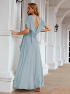 Numbersea Chiffon Bridesmaid Dresses Long Formal Evening Prom Mother of The Bride Dress with Flutter Sleeve     SEA28040