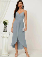 Numbersea Spaghetti Chiffon V Neck Bridesmaid Dress Mid-Length Slit Formal Prom Dress Homecoming Dress 2803