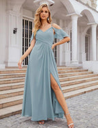 Numbersea Chiffon Cold Shoulder Long Bridesmaid Dresses Plus Size Formal Prom Gowns for Women Party Wedding  SEA28070