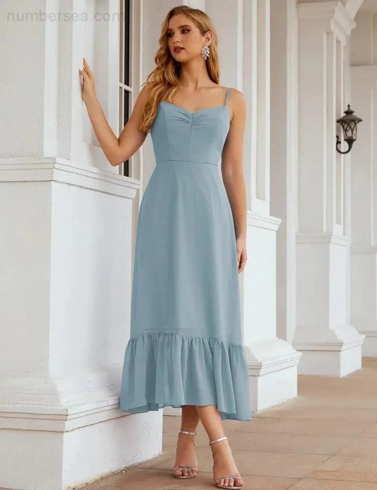 Numbersea  Spaghetti Strap Chiffon Bridesmaid Dress Ankle Length Formal A Line Cocktail Party Homecoming Dress for Juniors  SEA28028