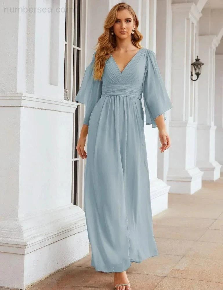Numbersea Chiffon Bridesmaid Dresses with Split for Women Wedding Long Party Prom Gown Flutter Sleeve SEA28045
