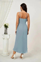 Numbersea Spaghetti Chiffon V Neck Bridesmaid Dress Mid-Length Slit Formal Prom Dress Homecoming Dress 2803