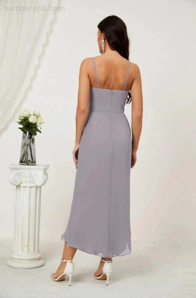 Numbersea Spaghetti Chiffon V Neck Bridesmaid Dress Mid-Length Slit Formal Prom Dress Homecoming Dress 2803