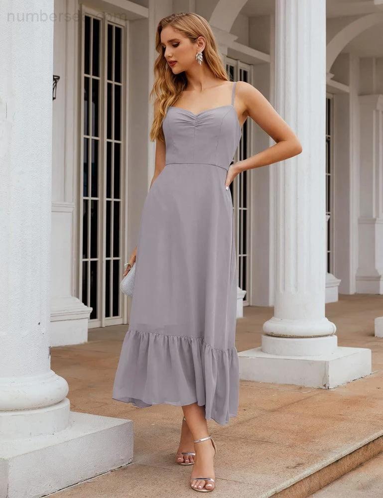 Numbersea  Spaghetti Strap Chiffon Bridesmaid Dress Ankle Length Formal A Line Cocktail Party Homecoming Dress for Juniors  SEA28028